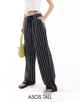 Черные широкие брюки из смесового льна в полоску ASOS DESIGN Tall