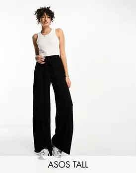 Черные широкие брюки с завязывающимся поясом ASOS DESIGN Tall
