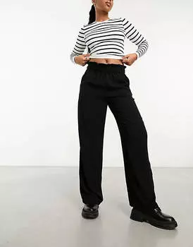 Черные широкие брюки с завышенной талией и оборчатым поясом JDY