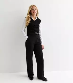 Черные широкие школьные брюки с поясом для девочек New Look, черный