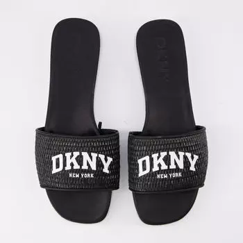 Черные шлепанцы с логотипом и ремешками из рафии DKNY
