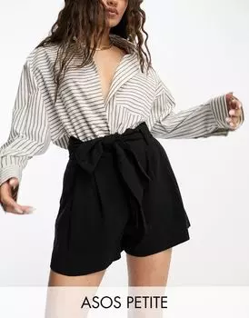 Черные шорты из смесового льна ASOS DESIGN Petite с завязкой на талии