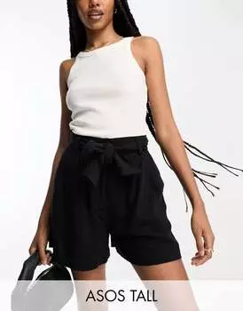 Черные шорты из смесового льна ASOS DESIGN Tall с завязкой на талии