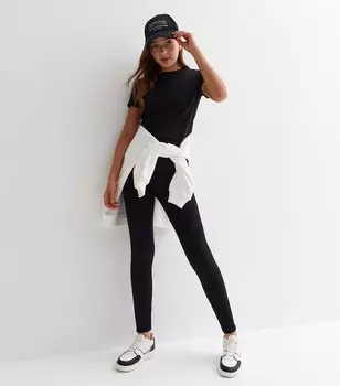 Черные спортивные леггинсы в рубчик с высокой талией для девочек New Look, черный