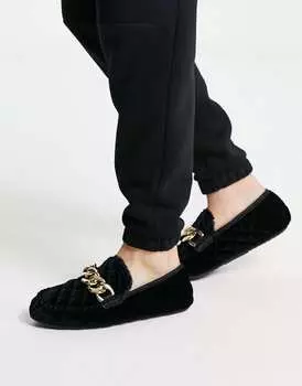 Черные стеганые бархатные тапочки-мокасины ASOS DESIGN с золотой фурнитурой