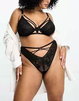 Черные стринги из атласа и кружева с ремешками ASOS Curve Adrianna