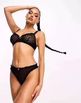 Черные стринги из сетки из флока с рюшами We Are We Wear