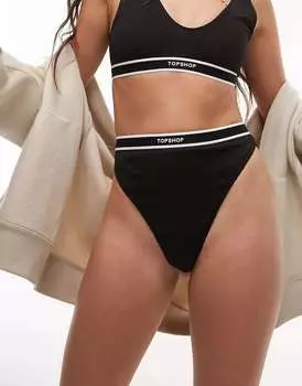 Черные стринги в рубчик с логотипом Topshop