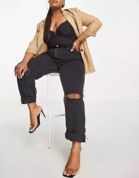 Черные свободные джинсы Mom ASOS DESIGN Curve с завышенной талией и рваными деталями