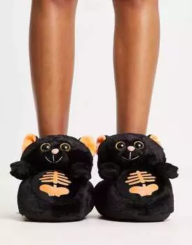 Черные тапочки-скелетоны с изображением кота Loungeable