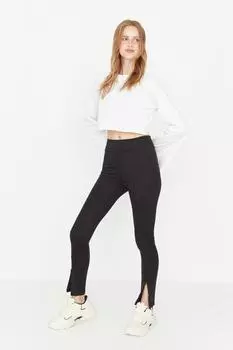 Черные трикотажные брюки с разрезом Trendyol, черный