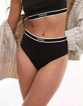 Черные трусы в рубчик с логотипом Topshop