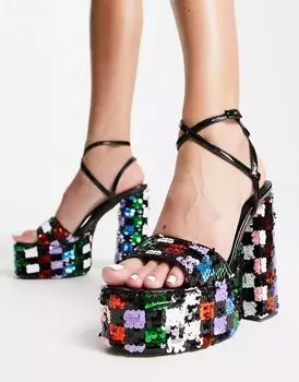 Черные туфли на каблуке на платформе River Island с клетчатой подошвой с пайетками