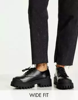 Черные туфли на плоской подошве со шнуровкой ASOS Wide Fit Mayan, на толстой подошве, широкий крой