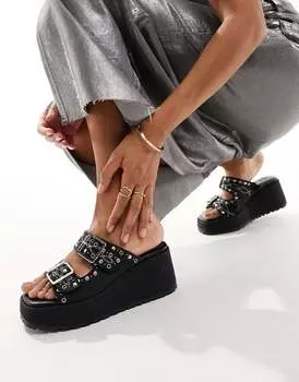 Черные туфли на танкетке с заклепками и пряжками ASOS DESIGN Texas