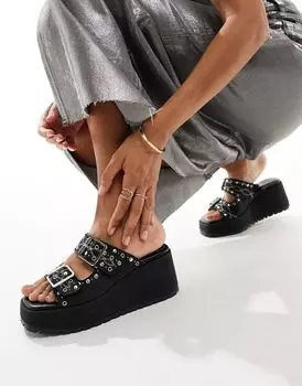 Черные туфли на танкетке с заклепками и пряжками ASOS DESIGN Texas