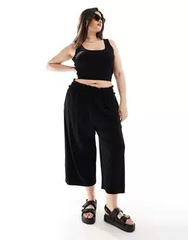 Черные укороченные брюки-кюлоты со присборенным поясом ASOS Curve