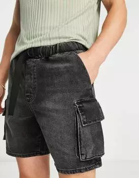Черные узкие джинсовые шорты карго с эластичной талией ASOS DESIGN