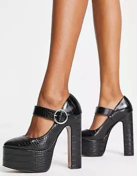Черные высокие туфли на платформе под крокодила ASOS DESIGN Preppy Mary Jane