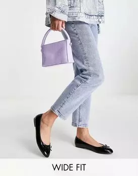 Черные закругленные балетки с мятой текстурой ASOS Wide Fit Locus и широкой посадкой
