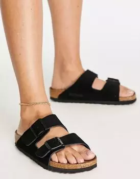 Черные замшевые сандалии на плоской подошве Birkenstock Arizona