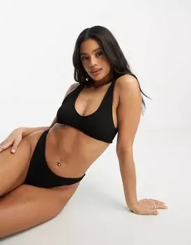 Черные жатые хипстерские плавки бикини с высокими брючинами ASOS DESIGN Amy Mix and Match