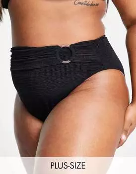Черные жатые трусики бикини с завышенной талией Ivory Rose Plus и кольцом