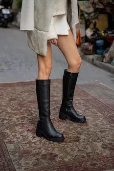 Черные женские ботинки на каблуке длиной до колена MADAMRA