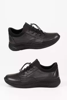 ЧЕРНЫЕ женские кроссовки из натуральной кожи с круглым носком и мягкой подошвой на шнуровке 42610 GNDER(R)