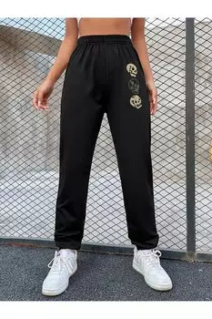 Черные женские летние спортивные штаны с принтом черепа Trendseninle