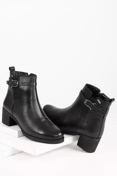 ЧЕРНЫЕ женские повседневные ботинки из натуральной кожи с круглым носком и резиновой подошвой на каблуке с застежкой-молнией и пряжкой 51464 GNDER(R)