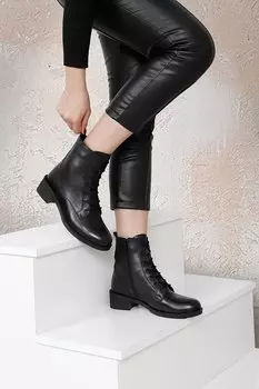 ЧЕРНЫЕ женские повседневные ботинки из натуральной кожи с круглым носком на резиновой подошве, на каблуке и на молнии со шнуровкой 51 GNDER(R)