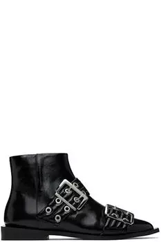 Черные женские сапоги на плоской подошве с пряжкой GANNI