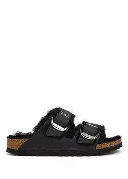 Черные женские тапочки из овчины с большой пряжкой arizona Birkenstock