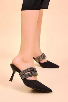 Черные женские тапочки на каблуке с острым носком и вышивкой из серии Gecce Series TONNY BLACK