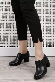 ЧЕРНЫЕ женские туфли из натуральной кожи с круглым носком на толстом среднем каблуке и эластичной подошве на резиновой подошве 24038 GNDER(R)