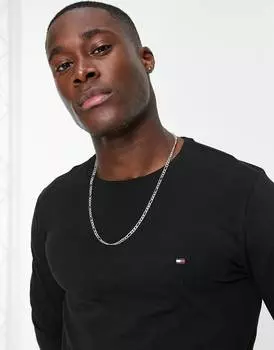 Черный эластичный хлопковый топ с длинными рукавами и логотипом Tommy Hilfiger - BLACK