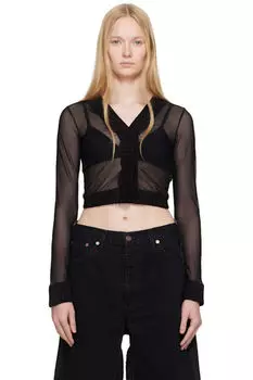 Черный эластичный кардиган из трикотажной сетки с длинными рукавами MM6 Maison Margiela