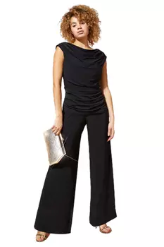 Черный эластичный комбинезон Roman со сборками и воротником-хомутом