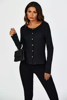 Черный эластичный топ с длинными рукавами на пуговицах и рюшами FS Collection, черный