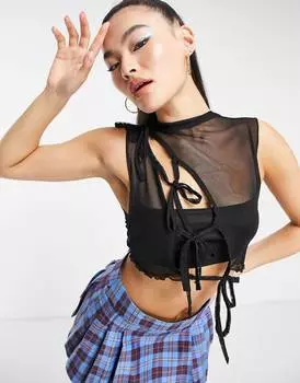 Черный асимметричный сетчатый топ с завязками ASYOU