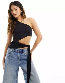 Черный асимметричный топ на одно плечо с завязками ASOS