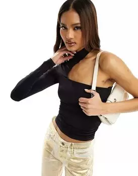 Черный асимметричный топ с длинными рукавами и рукавом на одно плечо Pull&Bear