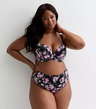 Черный атласный бюстгальтер Curves с вышивкой и цветочным принтом New Look, черный