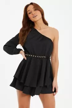 Черный атласный комбинезон на одно плечо QUIZ Clothing
