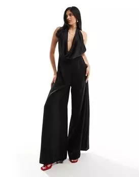 Черный атласный комбинезон с воротником-хомутом ASOS DESIGN