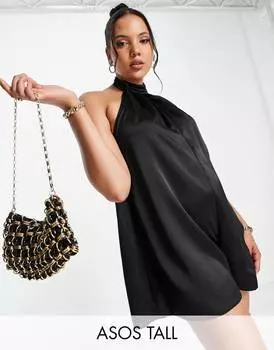 Черный атласный комбинезон с вырезом халтер ASOS DESIGN Tall