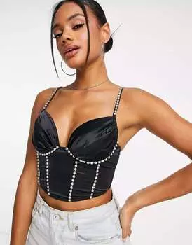 Черный атласный корсет на косточках с отделкой стразами ASOS Milana
