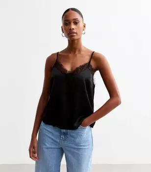 Черный атласный топ на бретелях с кружевной отделкой New Look, черный