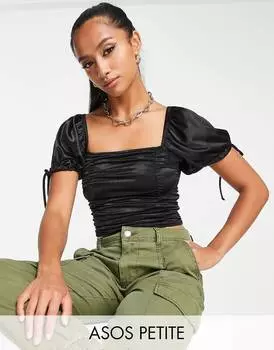 Черный атласный топ с пышными рукавами и рюшами спереди ASOS DESIGN Petite